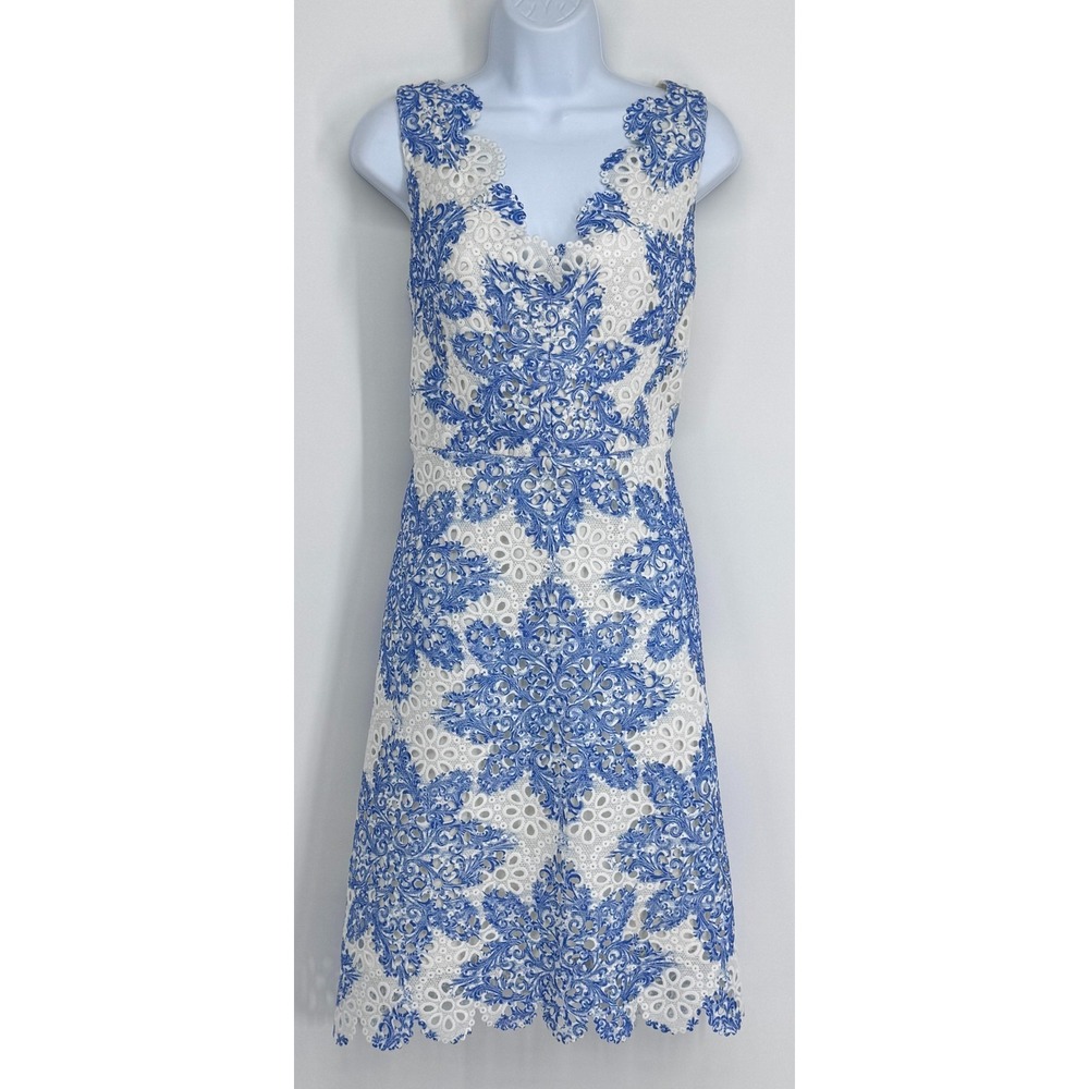 Eva Franco Women's Size 8 Blue White Embroidered Eyelet Scalloped Dress Floral